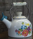 The Pioneer Woman Tea Kettle White Enamel Steel Blooming Bouquet Floral 2 Quart Used. Price: $14.99.