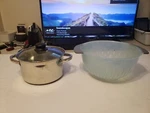 2 For 1: Stainless Steel 4 Quart Cooking Pot W Glass Lid & Lg. Oxo Colander! Used. Price: $22.90.