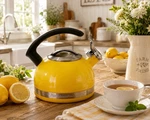 Kitchenaid Yellow Whistling Tea Kettle Stainless Steel Stovetop Pot Used. Price: $24.99.