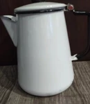 Vintage White Enamelware Coffee Hot Water Teapot Kettle With Black Trim Used. Price: $19.99.