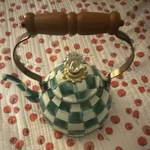 Mackenzie-childs Courtly Check Enamel Stove Top Kettle Green White 2QT Used. Price: $110.00.