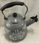 Temp-tations 2.3-QT Enamel Steel Tea Kettle Model K85319 Open. Price: $24.99.