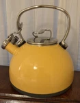 Circulon Yellow Enameled Metal & Stainless-steel Whistling Tea Kettle Used. Price: $24.95.