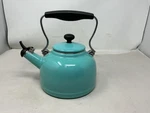 Chantal Tea Kettle, Vintage Series, Enamel On Steel, Whistling (aqua) Open. Price: $84.95.