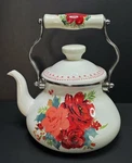 The Pioneer Woman Cheerful Rose Pattern Enamel Steel Tea Kettle Pot 1.9 Qt. Used. Price: $18.75.