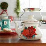 Pioneer Woman Tea Kettle Cheerful Rose Enamel Steel 1.9QT Floral White Red New. Price: $59.95.