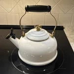 Creuset Enamel On Steel Whistling Kettle With Gold Finishes, 1.7 Qt., White Used. Price: $69.99.