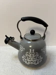 Temp-tations 2.3-QT Enamel Steel Tea Kettle Model K85319 (grey Damask) Used. Price: $20.99.