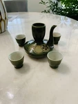 Vintage Japanese Pottery Teapot Saki Green Glaze Bottle Spout And 4 Cups Used. Price: $20.00.