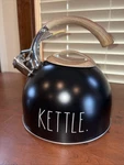 Rae Dunn Stainless Steel Tea "kettle." Black With Faux Wood Handle & Lid 8 Open. Price: $22.50.