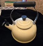 Creuset Enamel On Steel Whistling Tea Kettle 1.7 Qt Cream Color Used. Price: $59.95.