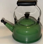 Creuset 1.7 Qt Tea Kettle Green Enamel Folding Handle Pull-out Spout Whistle Used. Price: $40.00.