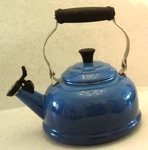 Creuset Enamel Steel 1.7 Qt Whistling Tea Kettle-possibly Azure BLUE-2 Chips Used. Price: $35.00.