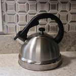 Mr. Coffee Flintshire Stainless Steel Whistling Tea Kettle, 1.75-QUART, Brushed Open. Price: $26.99.