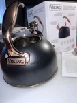 Viking 2.6 Qt Stainless Steel Tea Kettle Black Copper Flip-up Whistle Glass Lid Used. Price: $50.00.