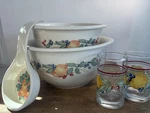 5 Pcs Corelle Abundance Mixing Bowls 2 Qt, 3QT Juice Glasses, Spoon Rest Used. Price: $39.99.
