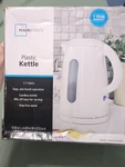 Mainstays 1.7-LITER Plastic Electric Kettle, White New Inbox With Manual Open. Price: $15.00.