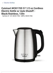 Stay By Cuisinart WCK170S 1.7 Liter Kettle 120V Stainless Steel New. Price: $25.00.