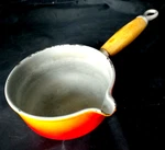 Creuset Cast Iron Enameled Flame Orange Sauce Pan Wood Handle Kettle Vtg Used. Price: $30.00.