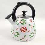 Temp-tations Seasonal 2.6-QT Enamel Steel Tea Kettle Holly Peperment Used. Price: $22.49.