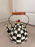 Mackenzie-childs Courtly Check Tea Kettle 3 Qt Black White Enamel Wood Handle New. Price: $170.00.