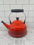 Creuset Whistling Tea Kettle Pot 1.7 Quarts Red Ombre Round Folding Handle Used. Price: $39.50.