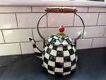 Mackenzie-childs Checkered Tea Pot Kettle Black White With Wooden Handle Used. Price: $115.00.