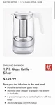 Zwilling Enfinigy Glass Kettle, Tea Silver New. Price: $101.00.