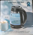 Chefman Electric Kettle, 1.8L 1500W, Removable Lid, Boils Water 3 Minutes! Open. Price: $33.96.