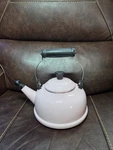 Vintage Creuset 1.7 Qt Enamel Whistling Tea Kettle Light Pink Pastel Used. Price: $79.99.
