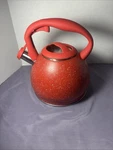 Neuva Whistling Induction Tea Kettle 3.2 Quart Red White & Steel Speckle Finish Used. Price: $35.00.