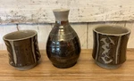 Japanese Sake Saki Set Of 2 Tea Mugs & Carafe Art Pottery Stoneware Used. Price: $34.65.