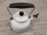 Chantal Whistling Kettle Teapot White Enamel Blue Interior Open. Price: $35.50.
