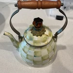 Mackenzie Childs Parchment Check Enamel Tea Kettle Retired 3 Qt Used. Price: $225.00.