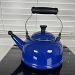 Creuset 1.7 Qt Tea Kettle Blue Enamel Folding Handle Pull-out Spout Whistle Used. Price: $39.95.