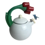 Vintage 1997 Via Ancona Tulip Hummingbird Tea Kettle White Enamelware Used. Price: $105.00.