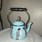 Mackenzie-childs Penguin Parade Enamel Stove Top Kettle 2QT Light Blue Multi New. Price: $170.00.