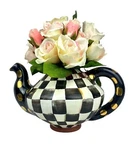 Mackenzie-childs Courtly Check Ceramic Teapot + Bonus Roses No Lid New Box Open. Price: $255.00.