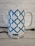 Bella 1.5 Liter Electric Ceramic Tea Kettle, Swivel Base Blue Aztec Tested Works Used. Price: $65.00.