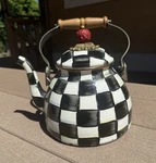 Mackenzie-childs Black & White Check Enamel Tea Kettle 2 Qt Used. Price: $80.00.