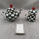 Mackenzie-childs Courtly Check Hand-painted Enamel 4 Cup Tea Pot + Sugar Jar Used. Price: $129.99.