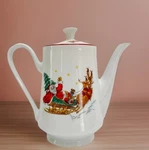 Vintage Macy's The Cellar Santa W/sleight & Reindeer Coffee Teapot Lidded Used. Price: $39.00.