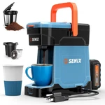 Senix Coffee Maker Single Serve, Portable, 2-IN-1 20V 5.0 Ah Battery Open. Price: $95.00.
