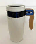 Ello Fulton Ceramic Travel Mug With Lid Wood Handle White Blue Trim 16OZ Used. Price: $10.00.